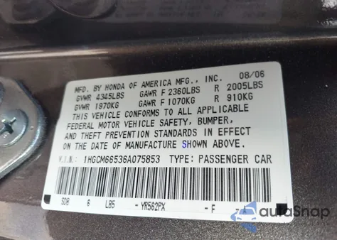 2006 Honda Accord 3.0 Ex from USA, damaged, VIN 1HGCM66536A075853